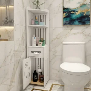 Organizer bathroom storage rack in 47-inch tall white waterproof PVC with cutout design