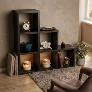 Stepped six cubby decorative black wall shelf in MDF laminated wood for home decor