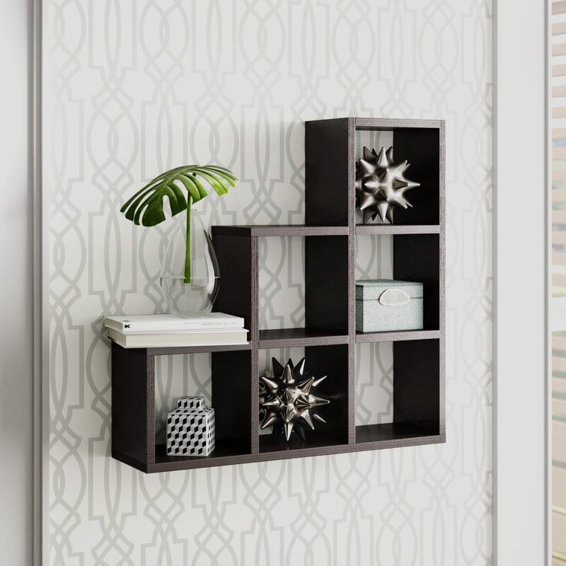 Stepped six cubby decorative black wall shelf in MDF laminated wood for home decor