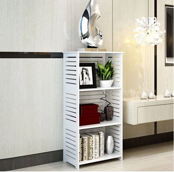 Storage cabinet organizer rack in white CNC cut PVC with 3 layers of open shelving