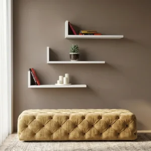 L shaped floating shelves white set of 3 in high quality MDF mounted on living room wall