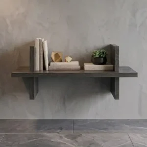 Modern wooden floating wall shelf in dark oak laminated MDF with books and decor